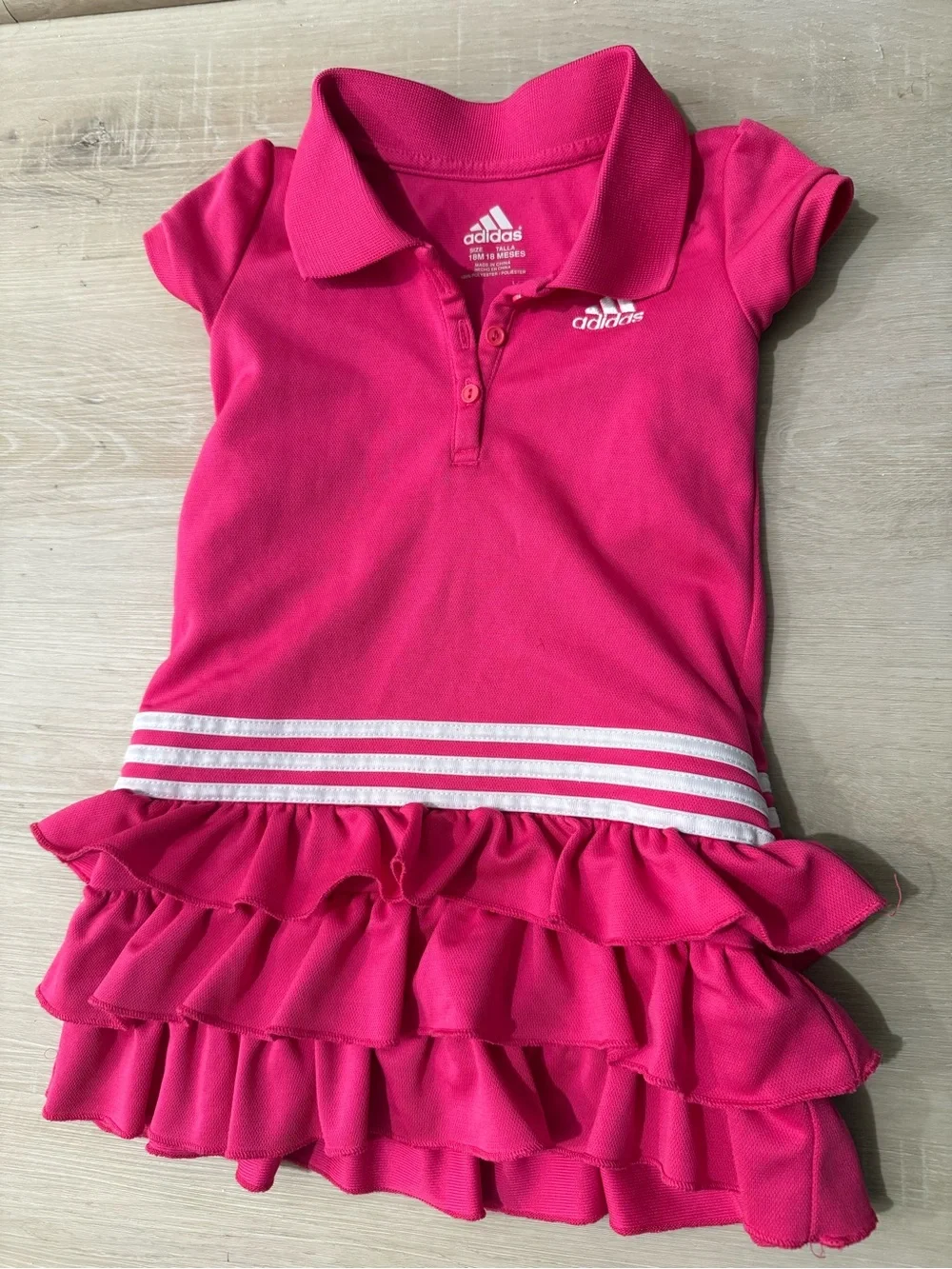adidas Girls' Bright Pink Polo Ruffle Dress with White Stripe